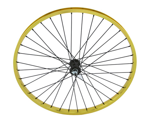 26 X 1.75 ALLOY FRONT WHEEL 36 SPOKE 12GBLACK 3/8 AXLE SINGLE WALL YELLOW